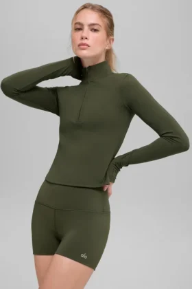 Alo Softsculpt Precision con maniche lunghe e zip a 1/4 - Verde oliva