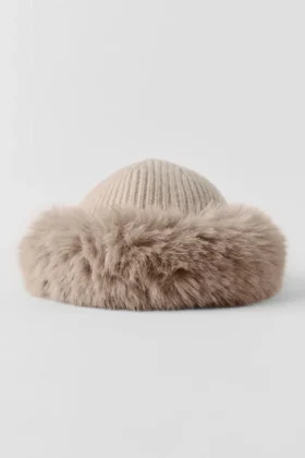 Berretto Courchevel in cashmere con pelliccia sintetica – Grigio avena melange