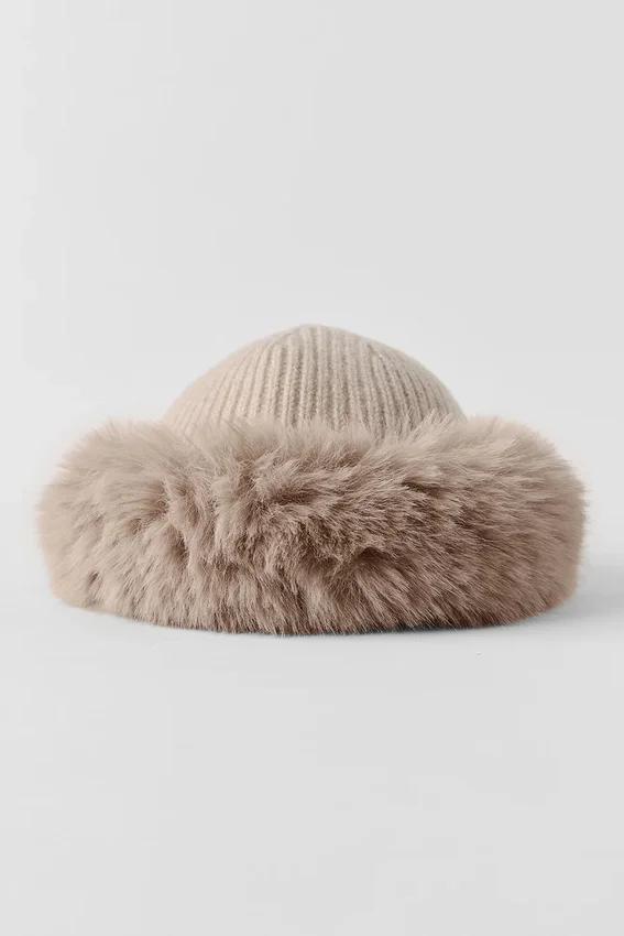 Berretto Courchevel in cashmere con pelliccia sintetica - Grigio avena melange