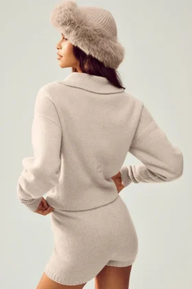 Berretto Courchevel in cashmere con pelliccia sintetica – Grigio avena melange