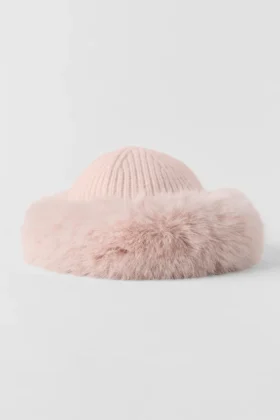 Berretto in cashmere con pelliccia sintetica Courchevel – Rosa ghiacciato