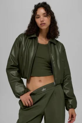 Bomber corto Premier in ecopelle – Verde oliva