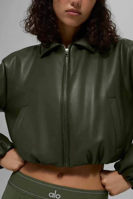 Bomber corto Premier in ecopelle - Verde oliva