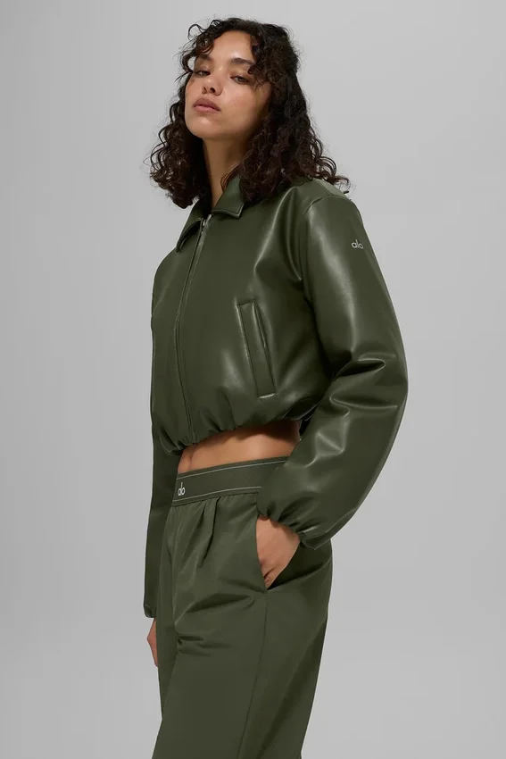 Bomber corto Premier in ecopelle - Verde oliva