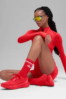 Calze unisex a gamba corta in stile retrò – Rosso brillante/Bianco
