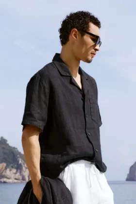 Camicia a maniche corte con bottoni Linen Days - Nero
