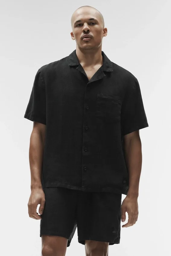 Camicia a maniche corte con bottoni Linen Days - Nero