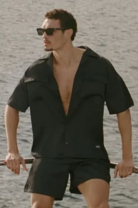 Camicia a maniche corte con bottoni Satin Horizon - Nero