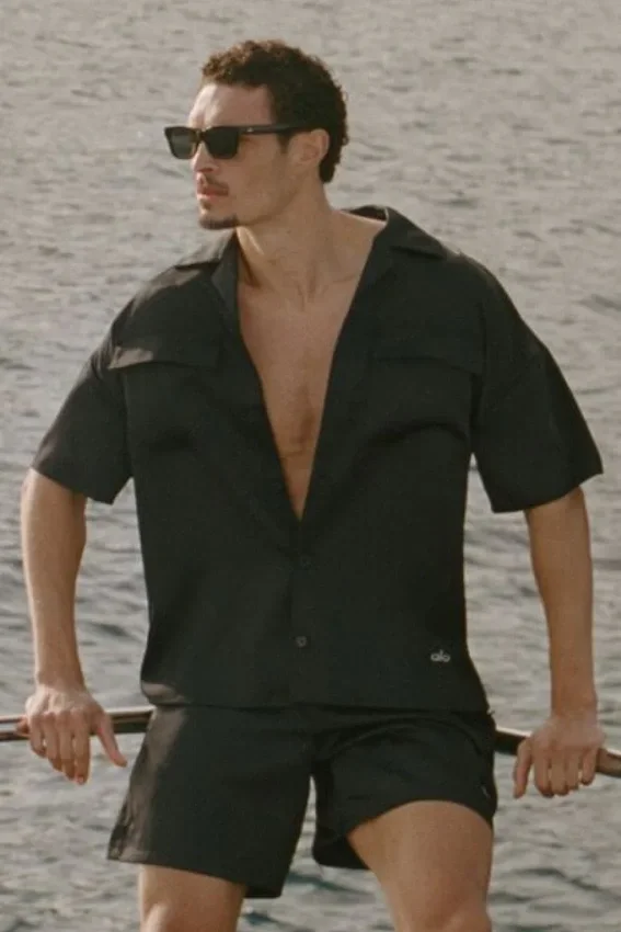 Camicia a maniche corte con bottoni Satin Horizon - Nero