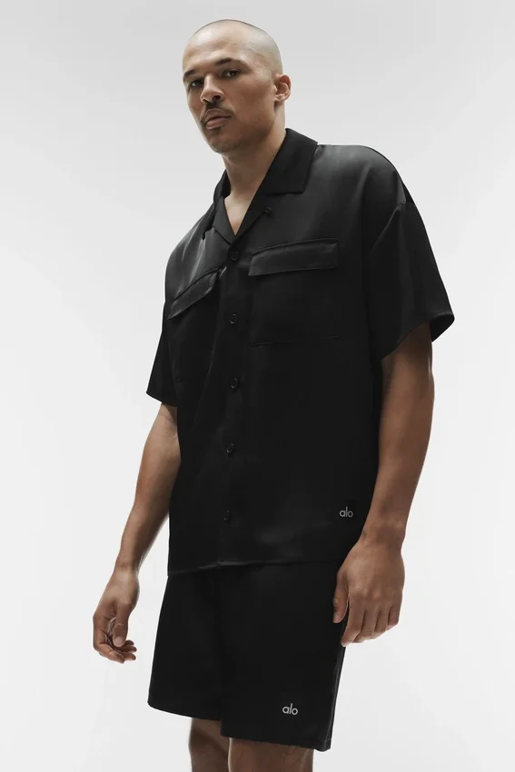 Camicia a maniche corte con bottoni Satin Horizon - Nero