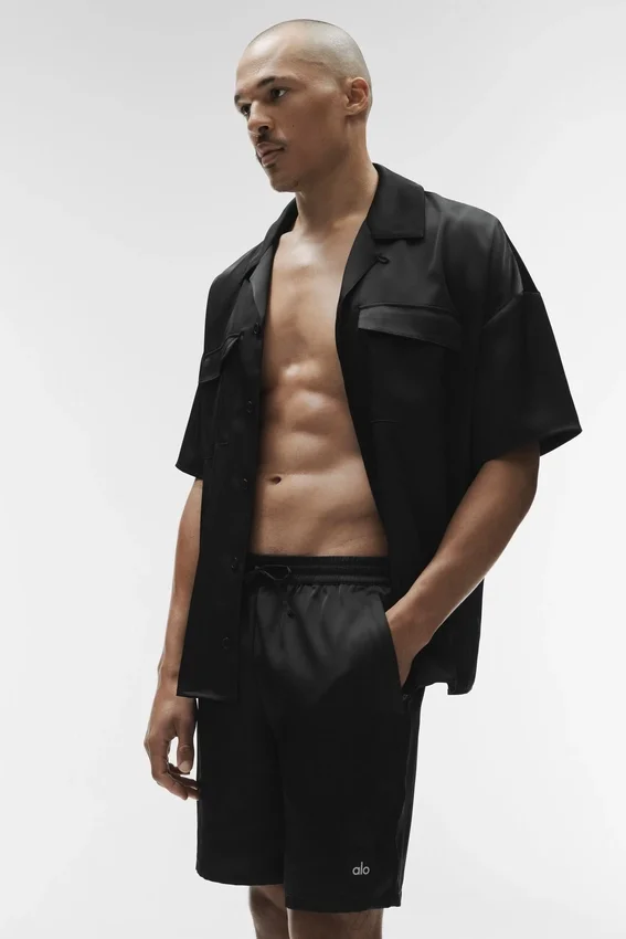 Camicia a maniche corte con bottoni Satin Horizon - Nero