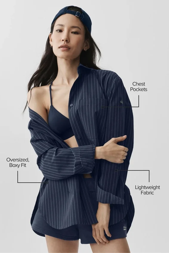 Camicia a maniche lunghe "Daylight" gessata - Blu navy/Avorio