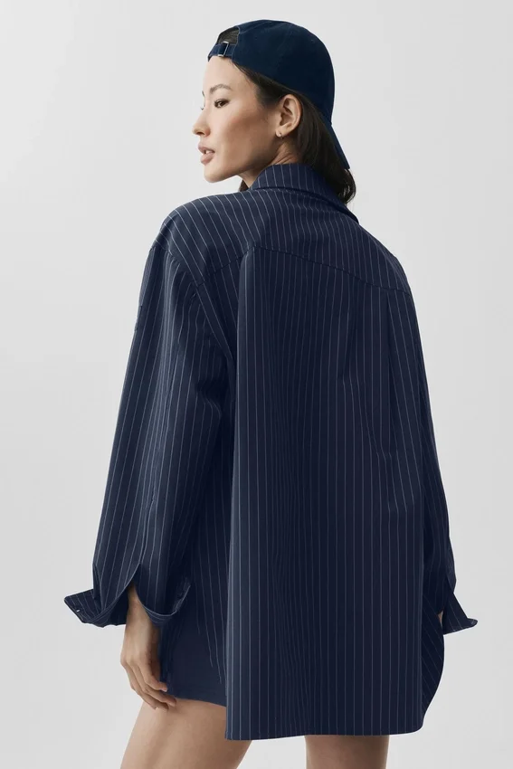 Camicia a maniche lunghe "Daylight" gessata - Blu navy/Avorio