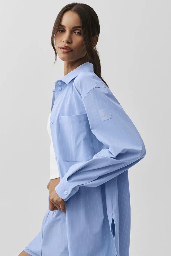 Camicia a maniche lunghe gessata Daylight con bottoni - Blu Provenza chiaro/Bianco