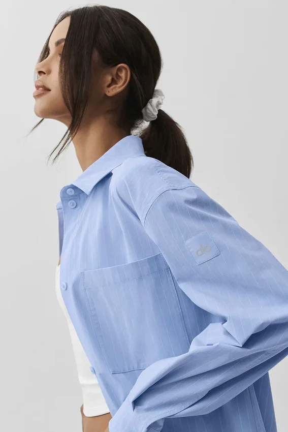 Camicia a maniche lunghe gessata Daylight con bottoni - Blu Provenza chiaro/Bianco