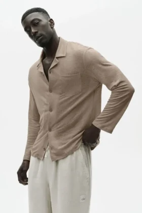 Camicia a maniche lunghe in jersey di lino Coastal - Gravel