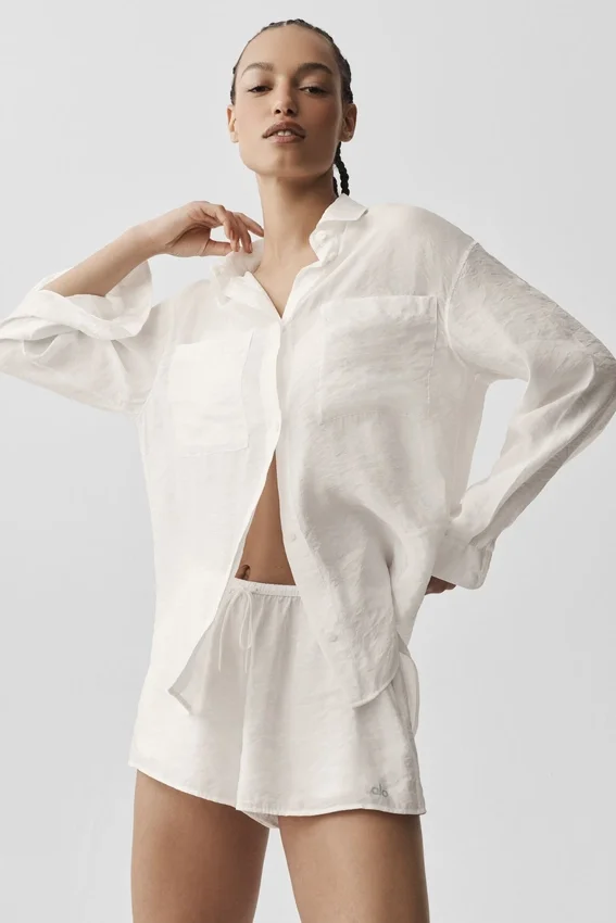 Camicia a maniche lunghe semi-trasparente Golden Hour con bottoni - Avorio
