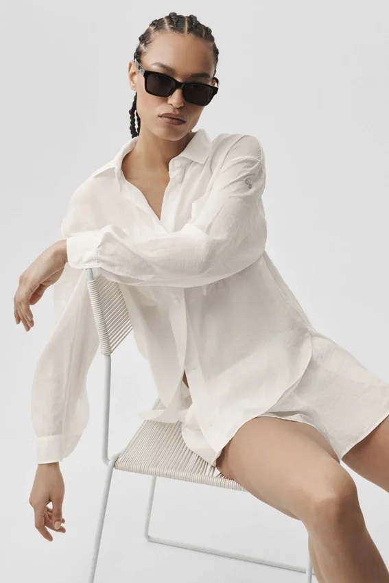 Camicia a maniche lunghe semi-trasparente Golden Hour con bottoni - Avorio