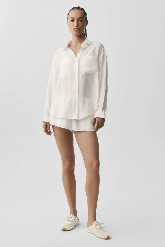 Camicia a maniche lunghe semi-trasparente Golden Hour con bottoni - Avorio