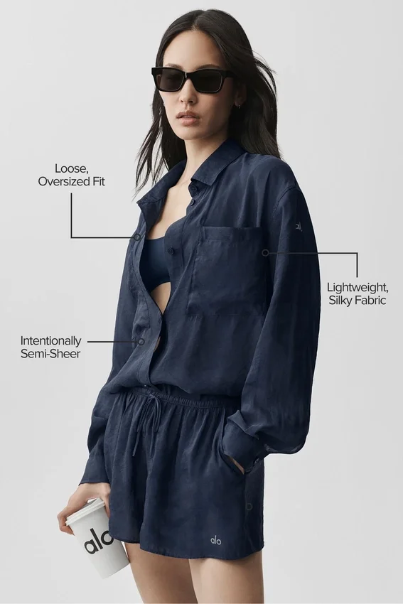 Camicia a maniche lunghe semi-trasparente Golden Hour con bottoni - Blu navy