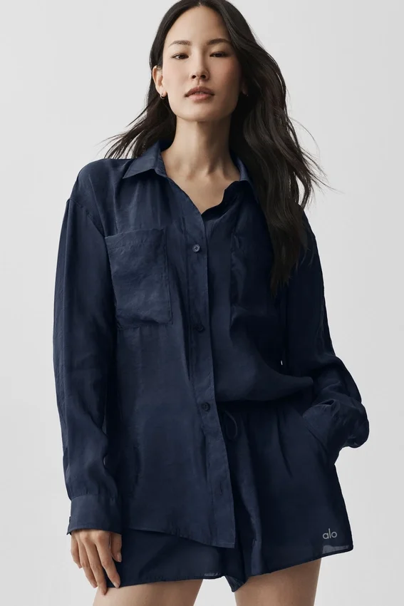 Camicia a maniche lunghe semi-trasparente Golden Hour con bottoni - Blu navy