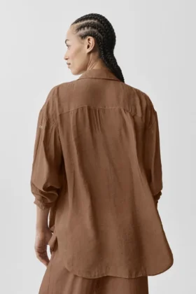 Camicia a maniche lunghe semi-trasparente Golden Hour con bottoni – Marrone Sun Kissed