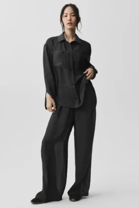 Camicia a maniche lunghe semi-trasparente Golden Hour con bottoni - Nero