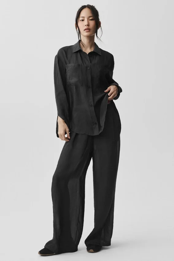 Camicia a maniche lunghe semi-trasparente Golden Hour con bottoni - Nero