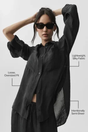 Camicia a maniche lunghe semi-trasparente Golden Hour con bottoni – Nero