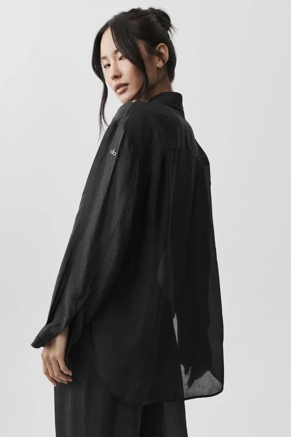 Camicia a maniche lunghe semi-trasparente Golden Hour con bottoni - Nero