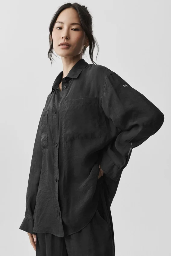 Camicia a maniche lunghe semi-trasparente Golden Hour con bottoni - Nero