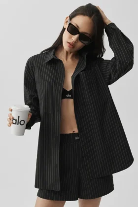 Camicia a righe sottili con maniche lunghe e bottoni - Nero/Titanio
