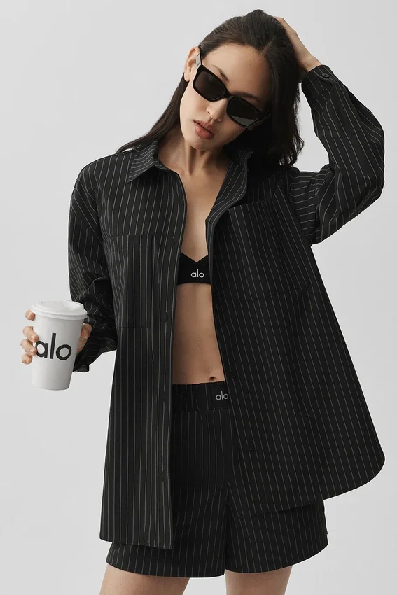 Camicia a righe sottili con maniche lunghe e bottoni - Nero/Titanio