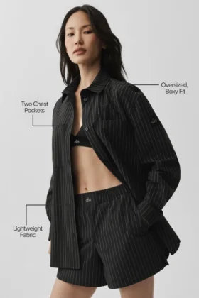 Camicia a righe sottili con maniche lunghe e bottoni – Nero/Titanio