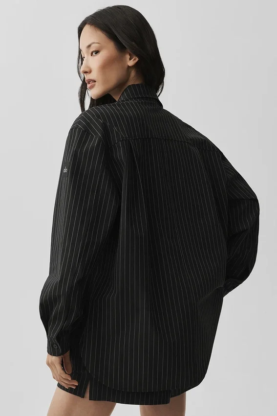 Camicia a righe sottili con maniche lunghe e bottoni - Nero/Titanio
