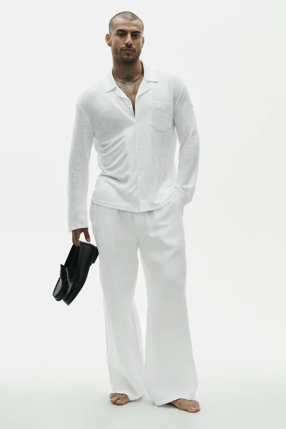 Camicia Coastal a maniche lunghe in jersey di lino - Bianco