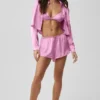 Camicia corta a maniche lunghe in seta lucente con bottoni - Rosa Candy Heart