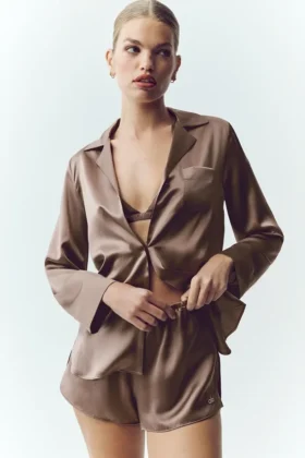 Camicia in seta lucente - Cacao alpino