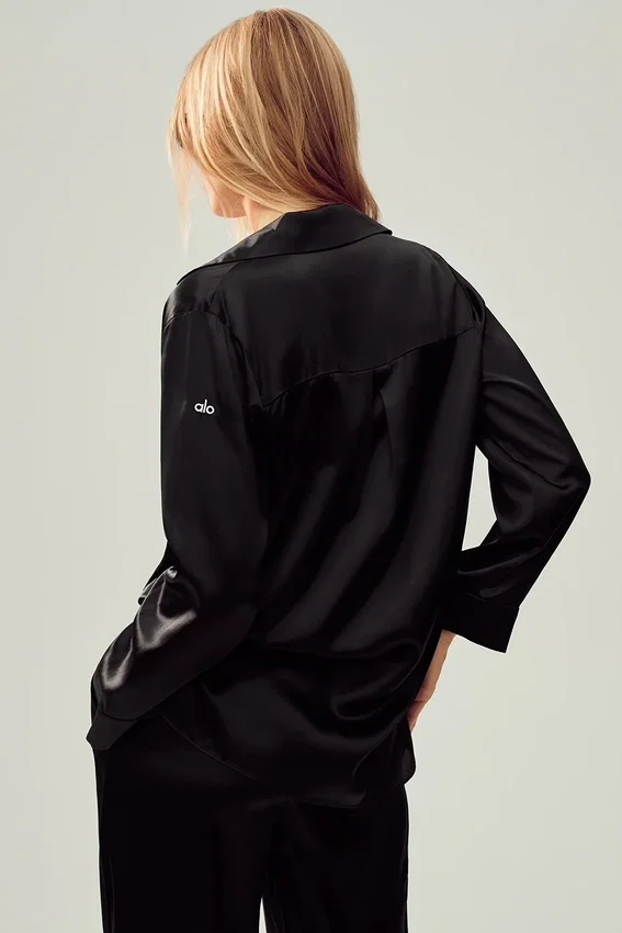 Camicia in seta luminosa con bottoni - Nero