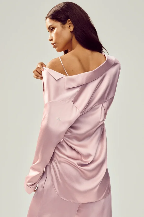 Camicia in seta Luminous con bottoni - Rosa champagne