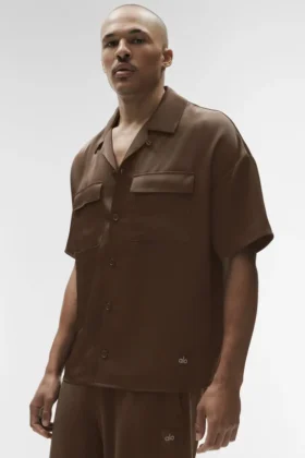 Camicia Satin Horizon a maniche corte con bottoni - Espresso