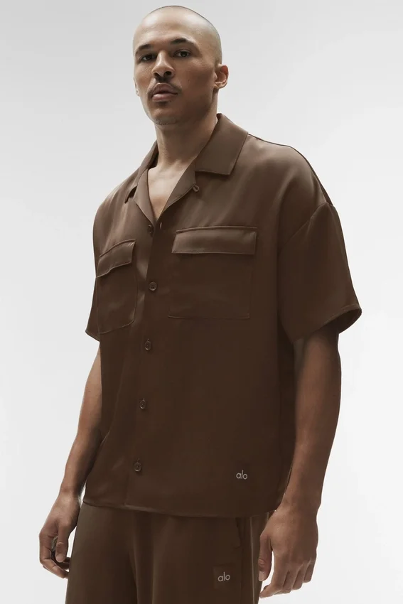 Camicia Satin Horizon a maniche corte con bottoni - Espresso