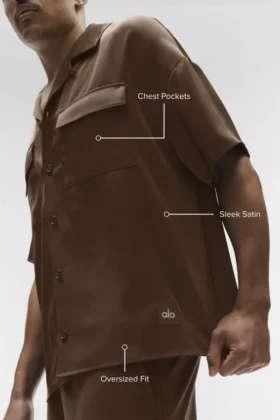 Camicia Satin Horizon a maniche corte con bottoni – Espresso