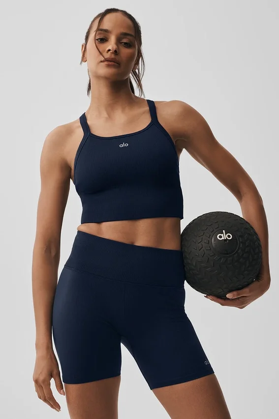 Canotta con reggiseno integrato a costine senza cuciture - Blu navy