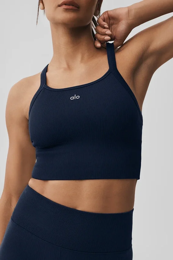 Canotta con reggiseno integrato a costine senza cuciture - Blu navy