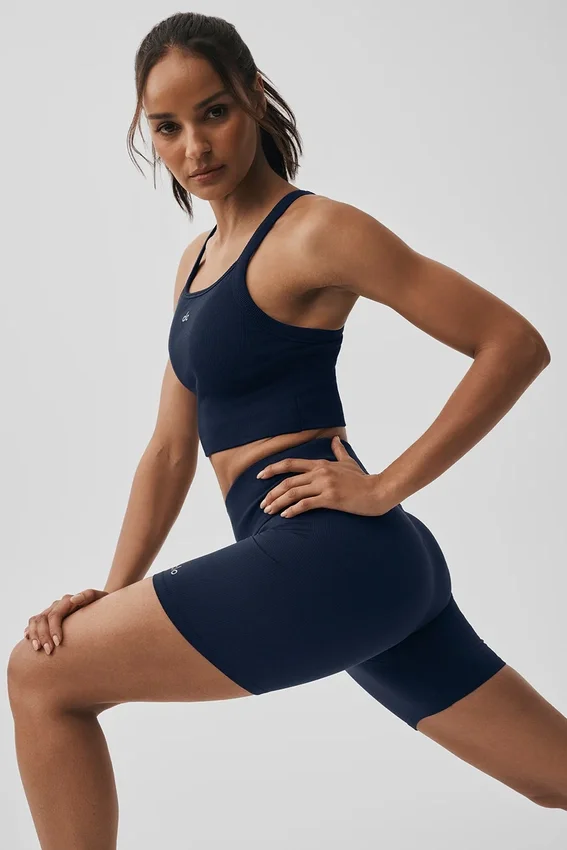 Canotta con reggiseno integrato a costine senza cuciture - Blu navy