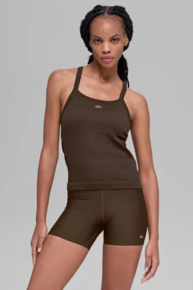 Canotta con reggiseno integrato a maniche lunghe "Favorite" a costine senza cuciture - Espresso