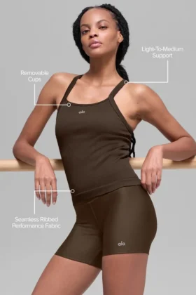 Canotta con reggiseno integrato a maniche lunghe “Favorite” a costine senza cuciture – Espresso
