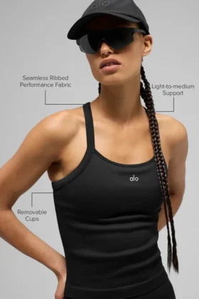 Canotta con reggiseno integrato a maniche lunghe Favorite senza cuciture a costine – Nero