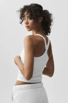 Canotta con reggiseno integrato a maniche lunghe senza cuciture a costine Favorite – Bianco